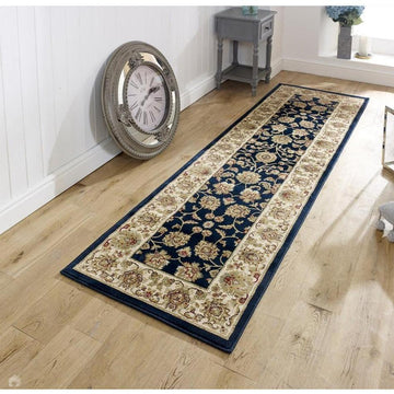 Kendra 3330 B Traditional Persian Classic Floral Vine Bordered Durable Easy-Care Low Profile Short Pile Navy Blue Runner-Melrose-Rug Love - The Most Loved Rug Store